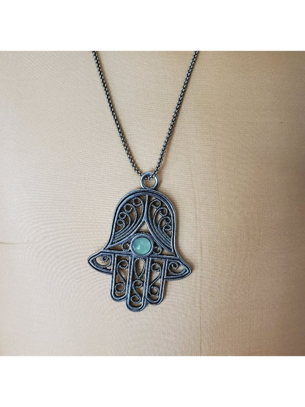 Silver Jade Hamsa Necklace, Green Crystal Hand of Fatima, Boho Bohemian